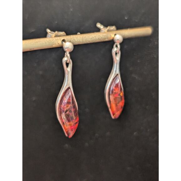 Vintage Marked 925 Sterling Silver Baltic Amber Post Dangle Earrings - Picture 7 of 8